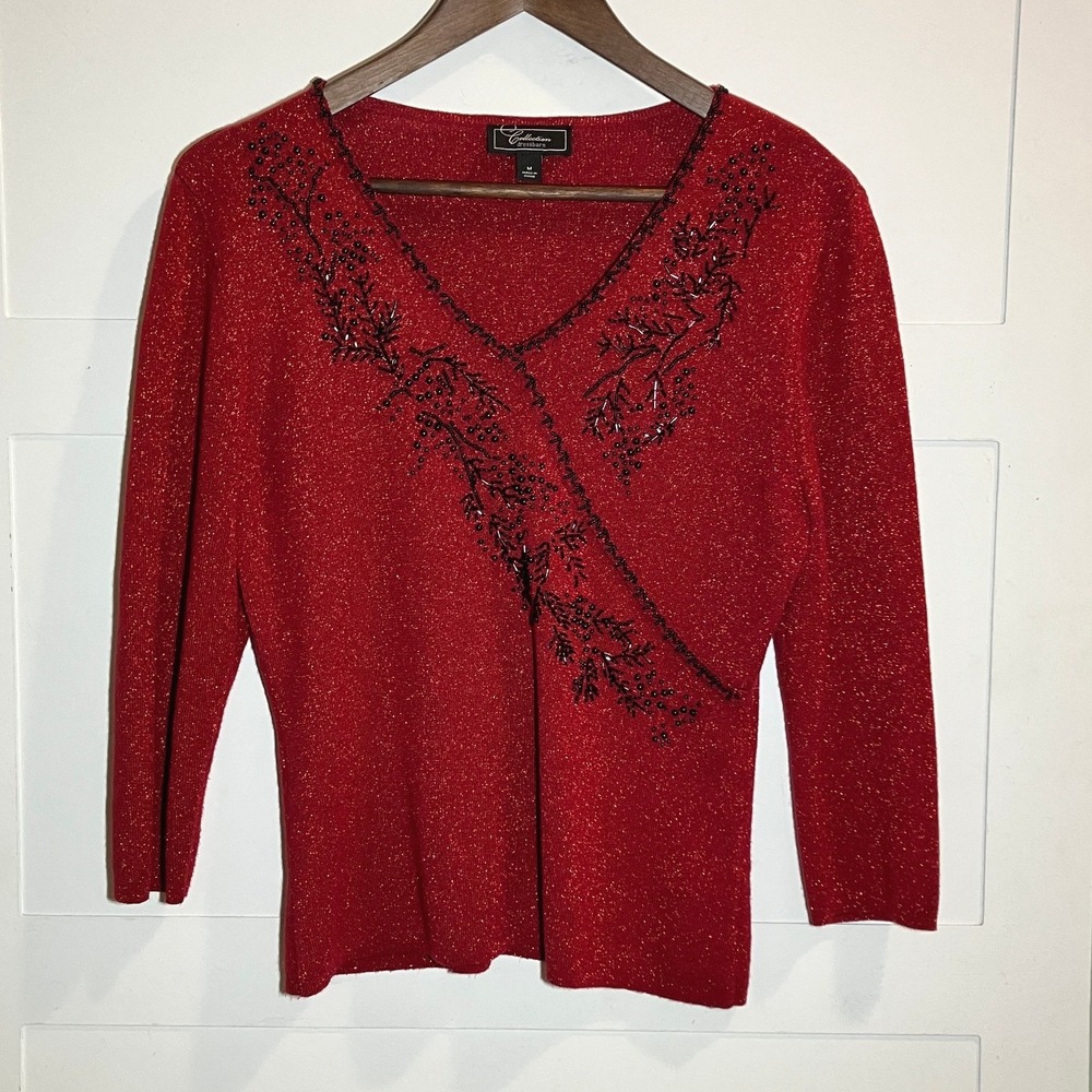 Dressbarn Collection Red Metallic Beaded Pullover Top Sz M Valentines Date Sexy‎